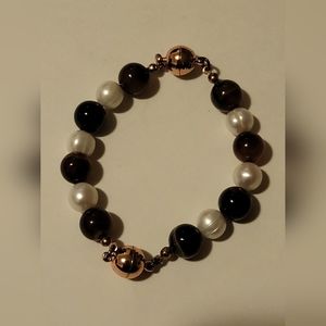 Maria Nicola Cream Pearl and Brown Agate Bracelet Connector Set w/Rose Gold